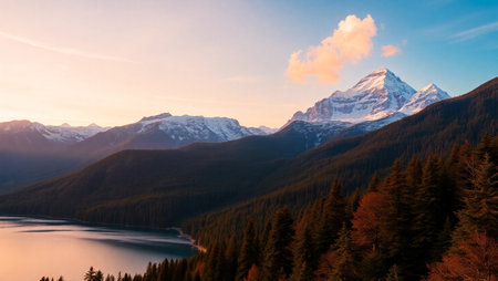 Mountain lake in the Canadian Rockies at sunset. Concept of active and photo tourismの写真素材