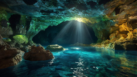 Underwater cave with light rays coming through the hole. 3D renderingの写真素材