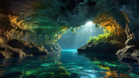 underwater cave. 3d render illustration of underwater cave with lightの写真素材