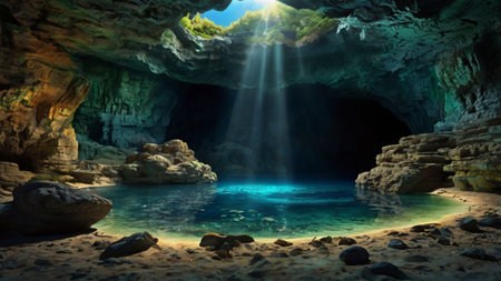 underwater cave with sun rays and blue water. 3d renderの写真素材