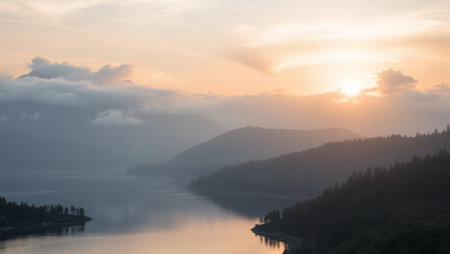 Sunset over the mountain lake in the morning. Beautiful landscape.の写真素材