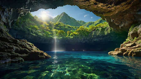 Underwater view of a cave in the mountains. 3d renderingの写真素材