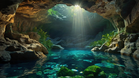 Underwater view of a cave with a beautiful light. 3d renderingの写真素材