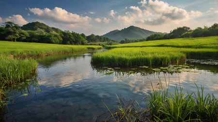 Landscape of rice field in the morning at Mae Hong Son, Thailandの写真素材