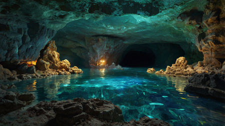 Underwater cave with blue water and light at night. 3d renderingの写真素材