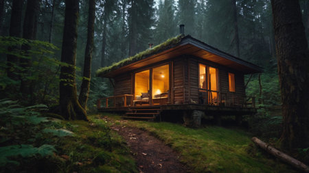 Wooden cottage in the forest at night with fog in the backgroundの写真素材