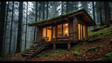 Wooden cottage in the forest at night with foggy background.の写真素材