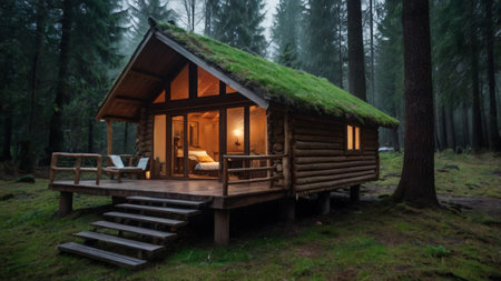 Wooden cottage in the forest at night. 3d rendering.の写真素材