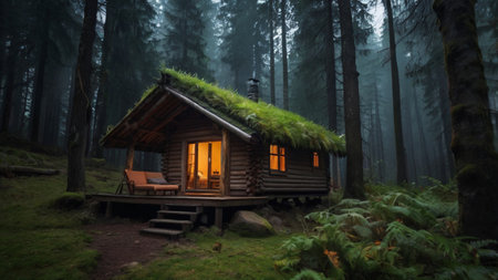 Wooden cottage in the forest at foggy night. 3d renderingの写真素材
