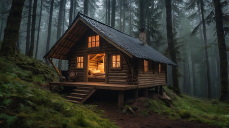 Wooden house in the forest at night with fog in the backgroundの写真素材