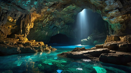 Beautiful view of a cave with turquoise water and lightの写真素材