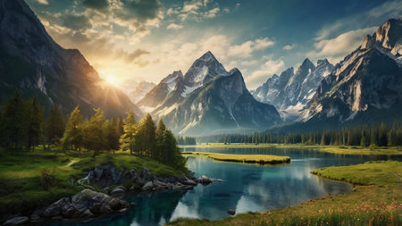 Mountain lake in the mountains. Panoramic view. Nature composition.