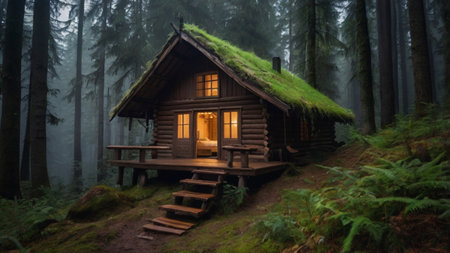 Old wooden cottage in the forest with mossy roof in the fogの写真素材