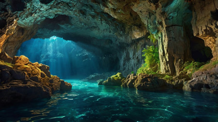 Underwater view of a cave with turquoise water and sunlightの写真素材