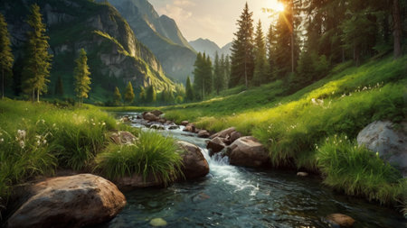 Mountain river in the mountains at sunset. Beautiful summer landscape.の写真素材