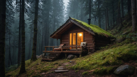 Wooden cottage in a foggy forest in the mountains of Carpathiansの写真素材