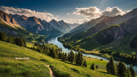 panoramic view of alpine lake and mountain peaks in summerの写真素材