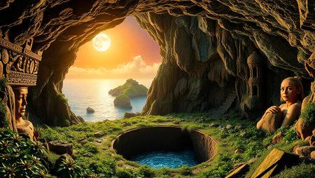 3D CG rendering of cave and sea. 3D CG. High resolution.の写真素材