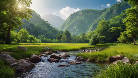 Landscape of mountain river and green forest in the morning with sunlight