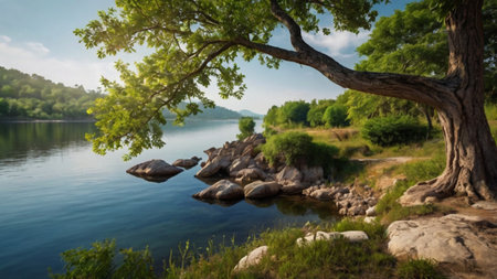 Beautiful landscape with lake and big tree. Panoramic viewの写真素材