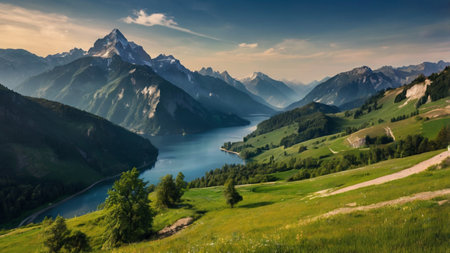 Panoramic view of the lake and mountains in the Alps, Switzerlandの写真素材