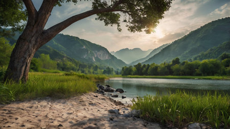 River and mountain landscape at sunset. Panoramic view of the river and mountainsの写真素材