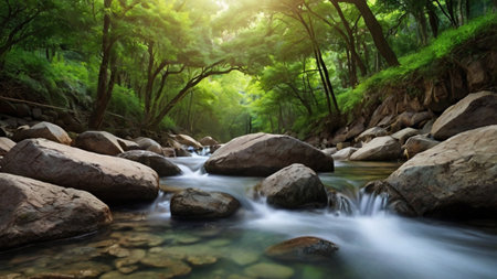 Beautiful river flowing through the green forest in the morning. Natural background