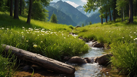 Mountain river in the mountains. Beautiful summer landscape with a mountain river and grass.の写真素材