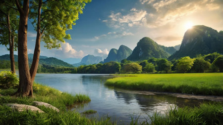 Landscape scenery view of karst mountains and river at sunsetの写真素材