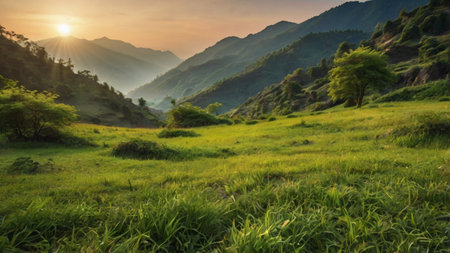 Beautiful sunset at the green meadow in the mountains of Nepalの写真素材