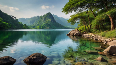 Panoramic view of Tam Coc lake in Ninh Binh, Vietnamの写真素材