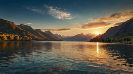 Sunset over Lake Wanaka, New Zealand. Panorama.の写真素材
