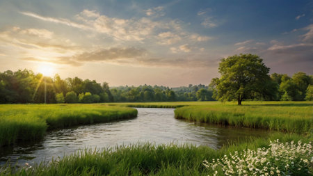 Sunset over a small river in the countryside. Landscape with a small river.