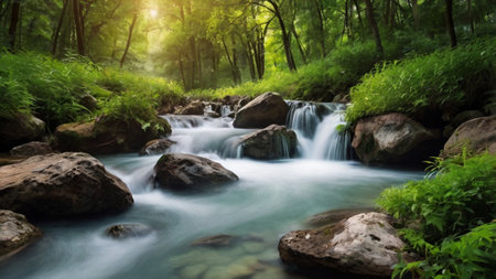 waterfall in the green forest. soft focus and blur effect.