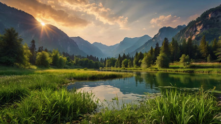 Panoramic view of the mountain lake in the Alps at sunsetの写真素材