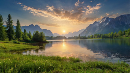 Mountain lake at sunset. Panoramic view of the lake and mountains.