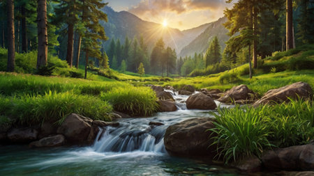 Mountain stream in the forest at sunset. Panoramic viewの写真素材