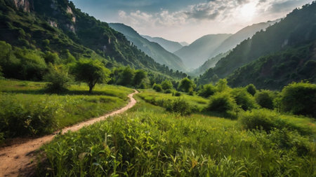 Panoramic view of the mountain valley at sunset, Georgia.