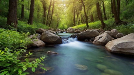 Stream in the green forest. Panoramic view of the mountain river.の写真素材