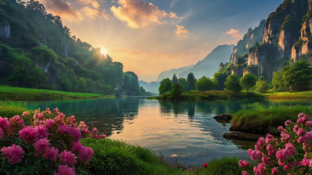 River and mountains with pink flowers at sunset. Beautiful nature scenery.の写真素材