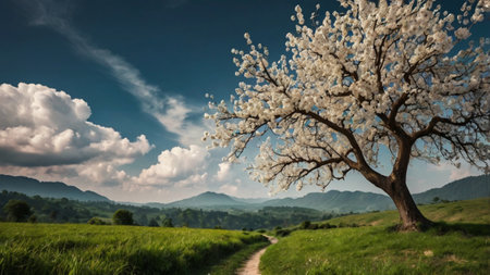 Blossoming cherry tree on a meadow in the mountains.の写真素材