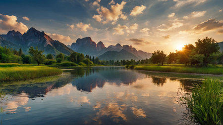 Sunset over the lake. Landscape of the Dolomites.