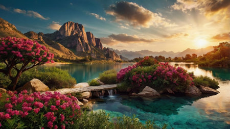 Beautiful spring landscape with azalea flowers and mountains in the backgroundの写真素材