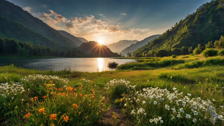 Panoramic view of the mountain lake in the morning with flowers