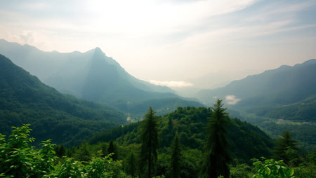 Mountain landscape with fog in the morning at Sun Moon Lake, Taiwan.の写真素材