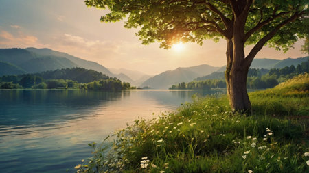 Beautiful summer landscape with a lake in the mountains at sunset.の写真素材