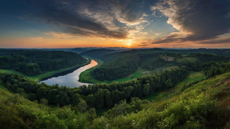 Panoramic view of the river at sunset. Beautiful summer landscape.の写真素材
