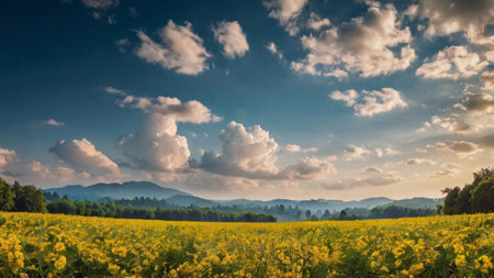 Beautiful spring landscape with blooming rapeseed field and mountains.