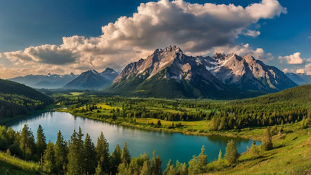 Panoramic view of the mountain lake in the mountain range.