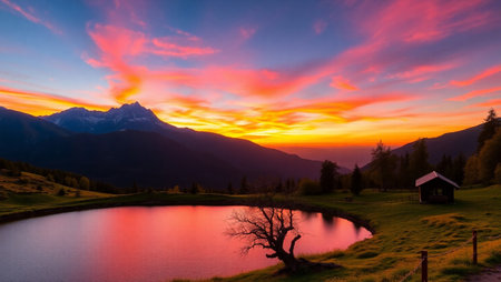 Sunset at a mountain lake in the Swiss Alps. Switzerland.の写真素材